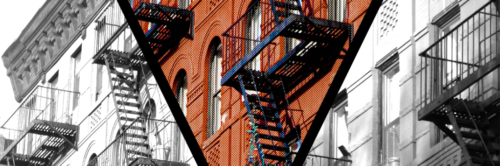 The side of a building with many fire escapes. The photo appears in black and white with a V-shaped center section in bright, comic-book style color, the building vibrant orange-red. 